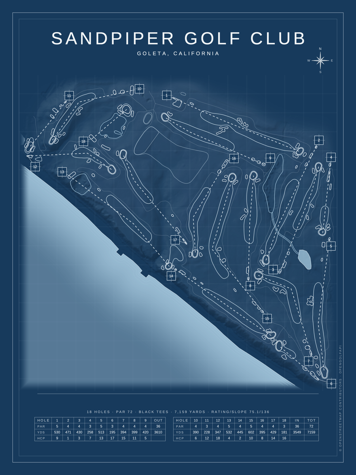 Sandpiper Golf Club course map poster, Blueprint style, 12×16 / 18×24