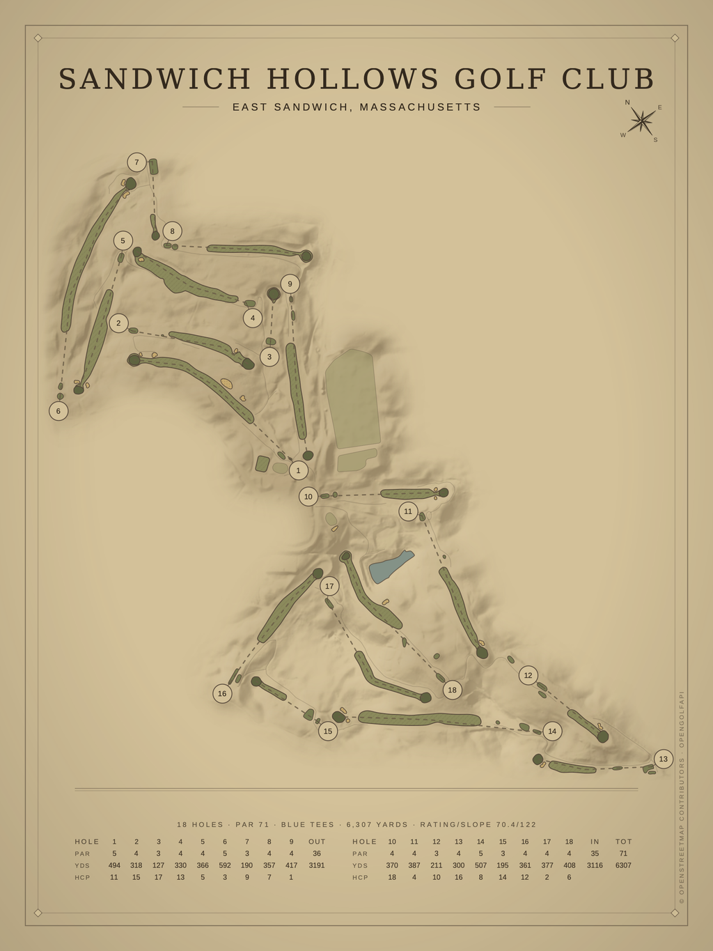 Sandwich Hollows Golf Club course map poster, Vintage style, 12×16 / 18×24
