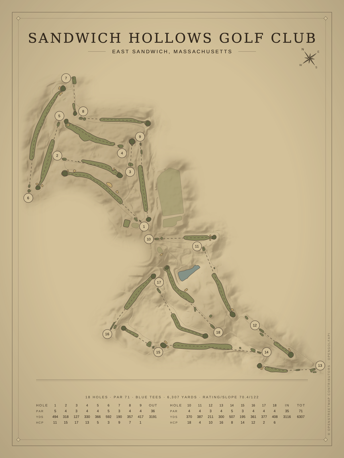 Sandwich Hollows Golf Club course map poster, Vintage style, 12×16 / 18×24