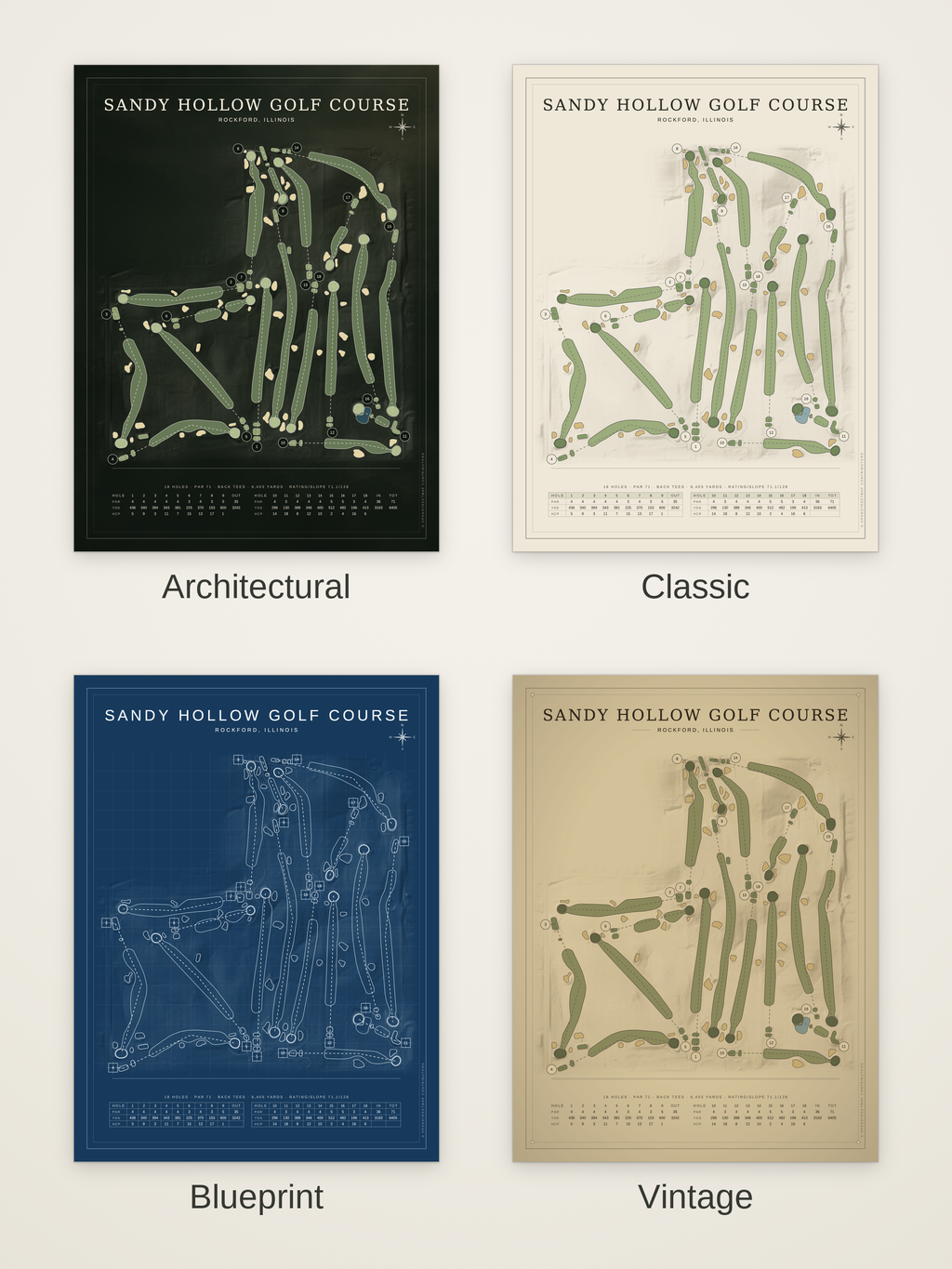 Sandy Hollow Golf Course map poster in four styles: Architectural, Classic, Blueprint and Vintage