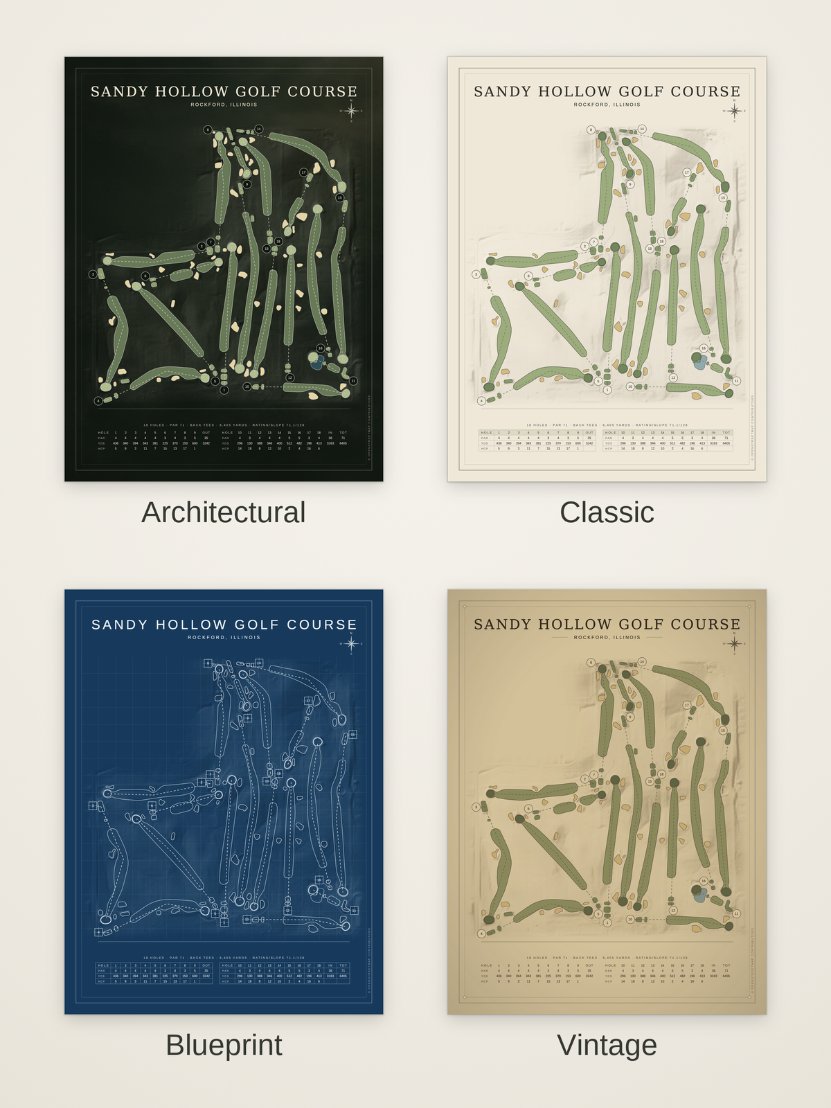 Sandy Hollow Golf Course map poster in four styles: Architectural, Classic, Blueprint and Vintage