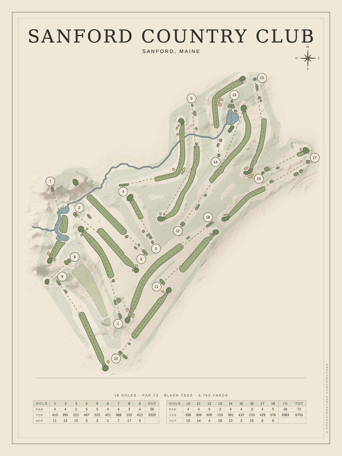 Sanford Country Club course map poster, Classic style, 12×16 / 18×24