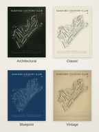 Sanford Country Club course map poster in four styles: Architectural, Classic, Blueprint and Vintage