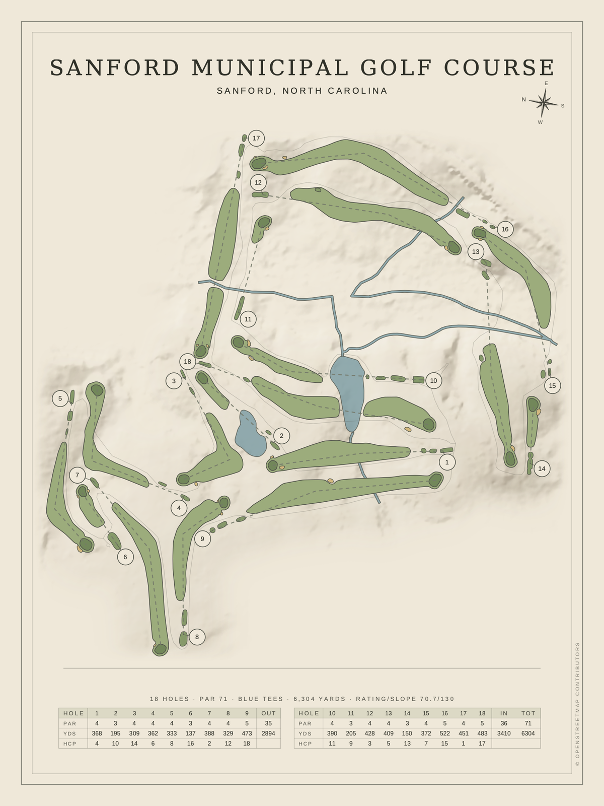 Sanford Municipal Golf Course map poster, Classic style, 12×16 / 18×24