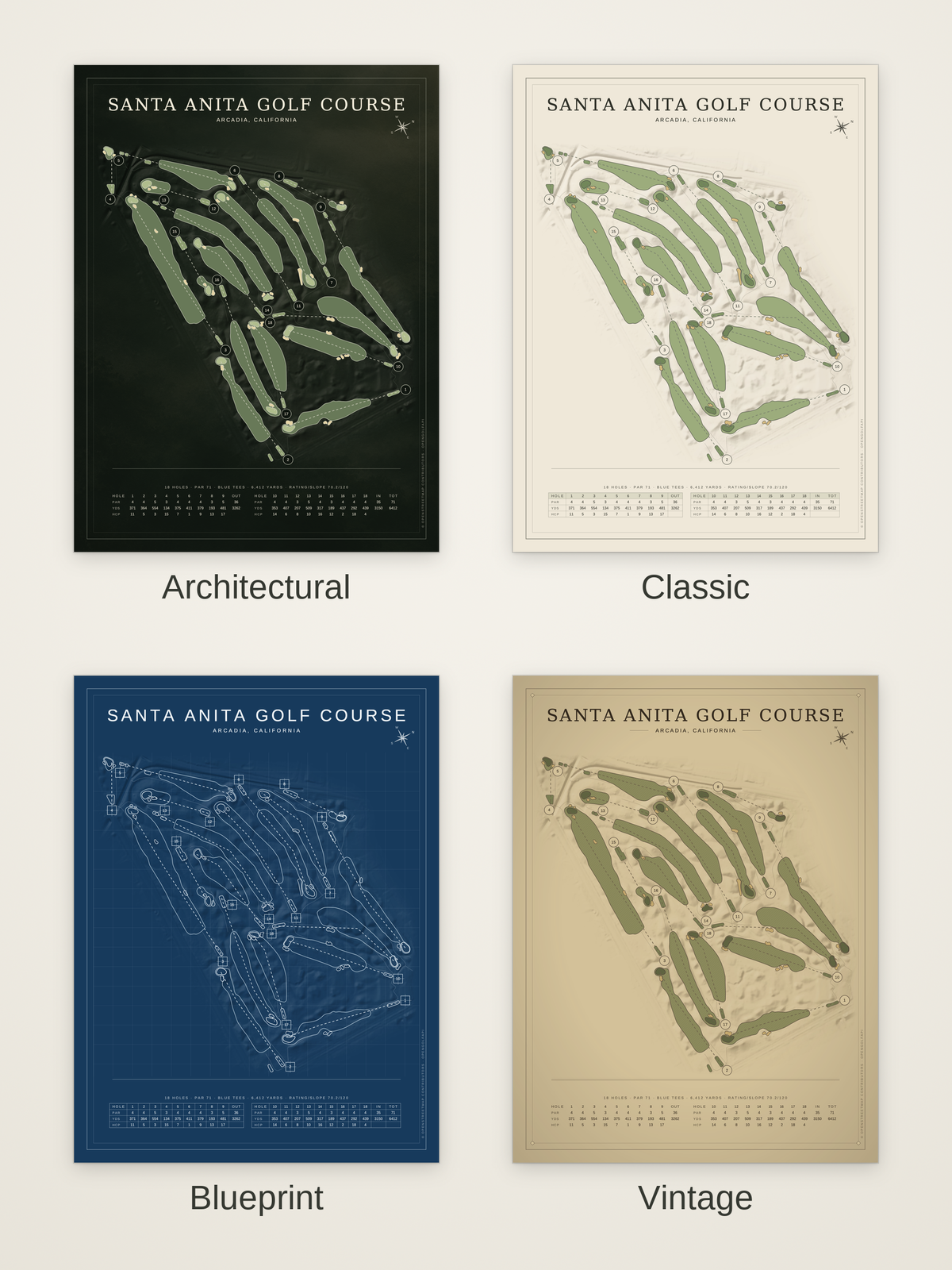 Santa Anita Golf Course map poster in four styles: Architectural, Classic, Blueprint and Vintage