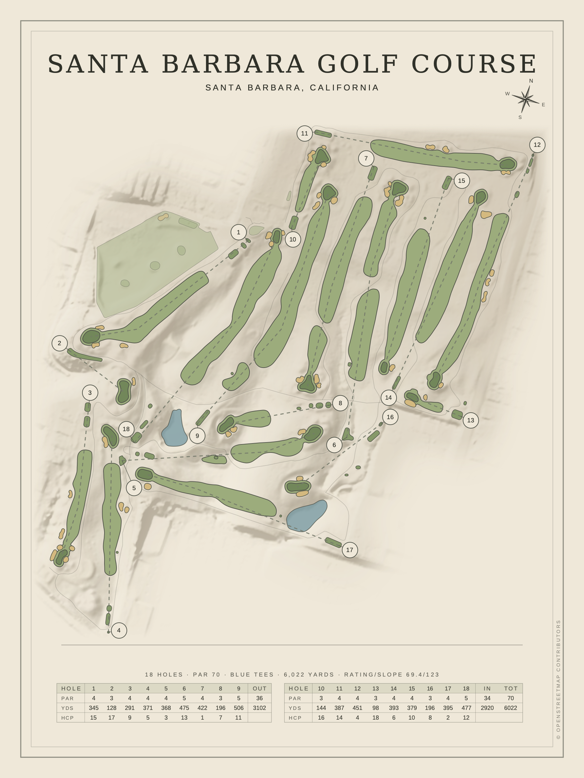 Santa Barbara Golf Course map poster, Classic style, 12×16 / 18×24