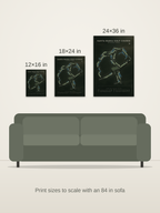 Santa Maria Golf Course map poster in the Architectural style at 12×16, 18×24 and 24×36 inches, shown to scale on a wall above an 84-inch sofa