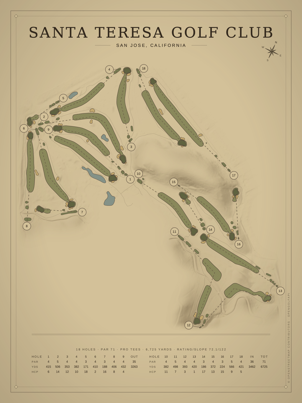 Santa Teresa Golf Club course map poster, Vintage style, 12×16 / 18×24