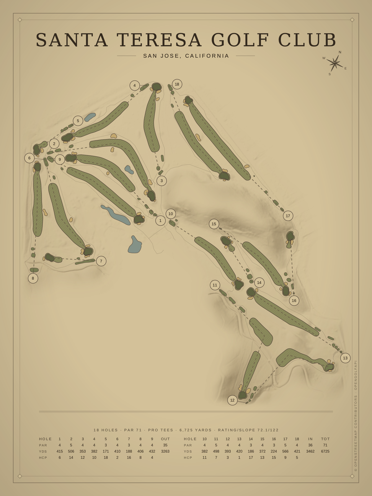 Santa Teresa Golf Club course map poster, Vintage style, 12×16 / 18×24