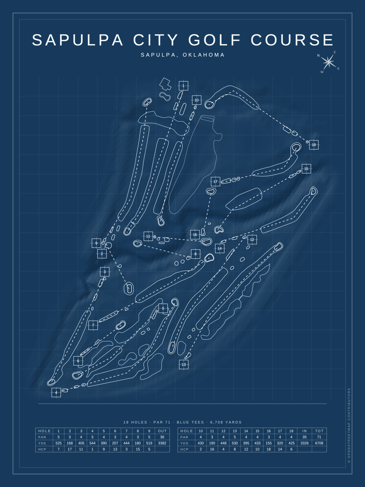 Sapulpa City Golf Course map poster, Blueprint style, 12×16 / 18×24
