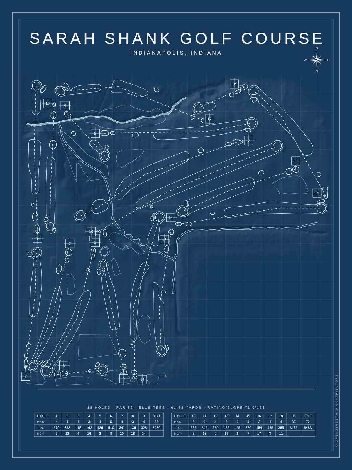 Sarah Shank Golf Course map poster, Blueprint style, 12×16 / 18×24