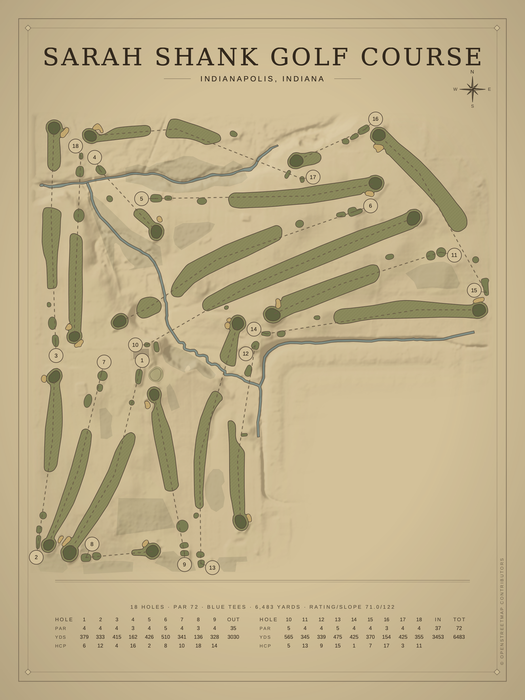 Sarah Shank Golf Course map poster, Vintage style, 12×16 / 18×24