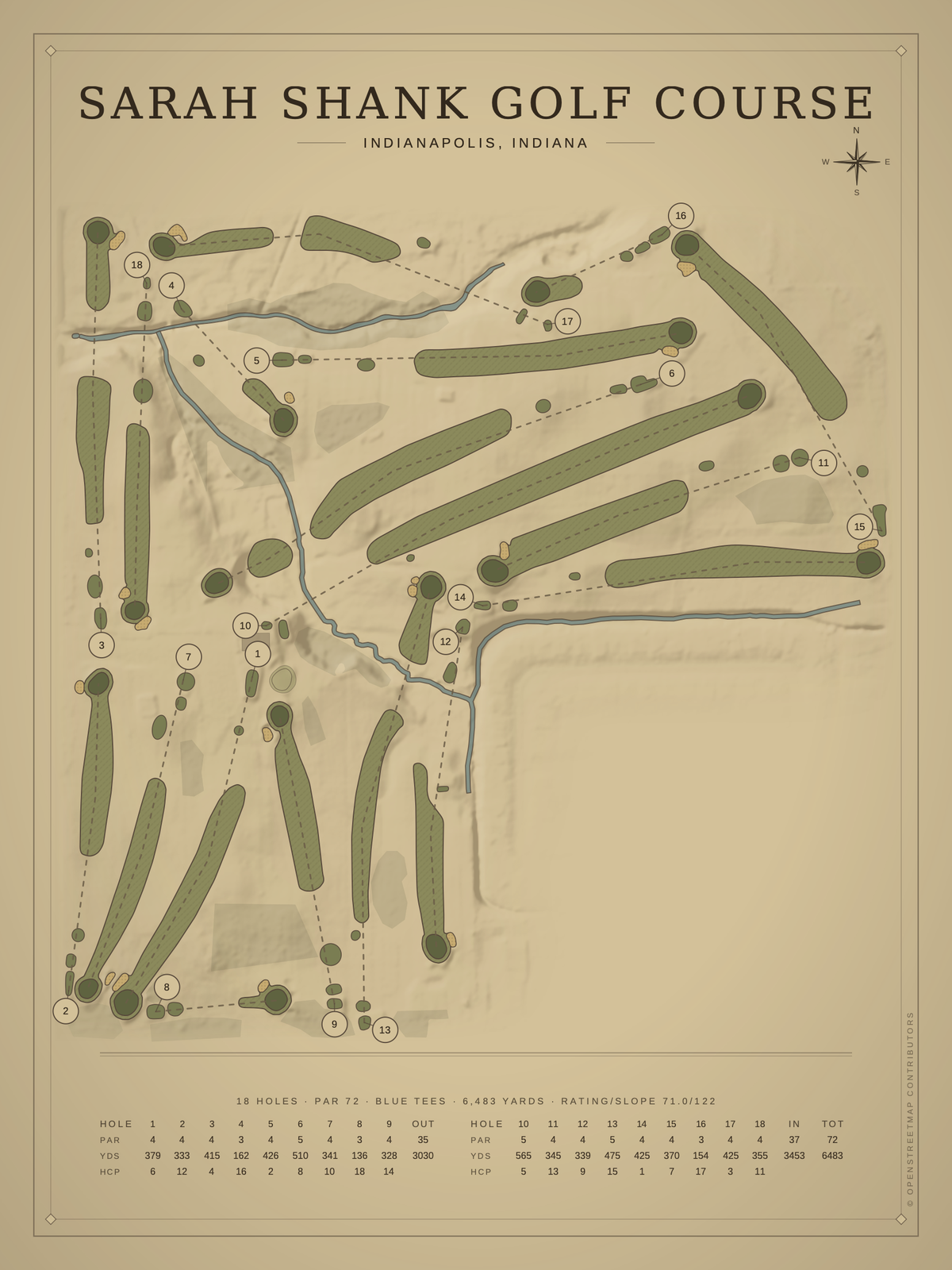 Sarah Shank Golf Course map poster, Vintage style, 12×16 / 18×24