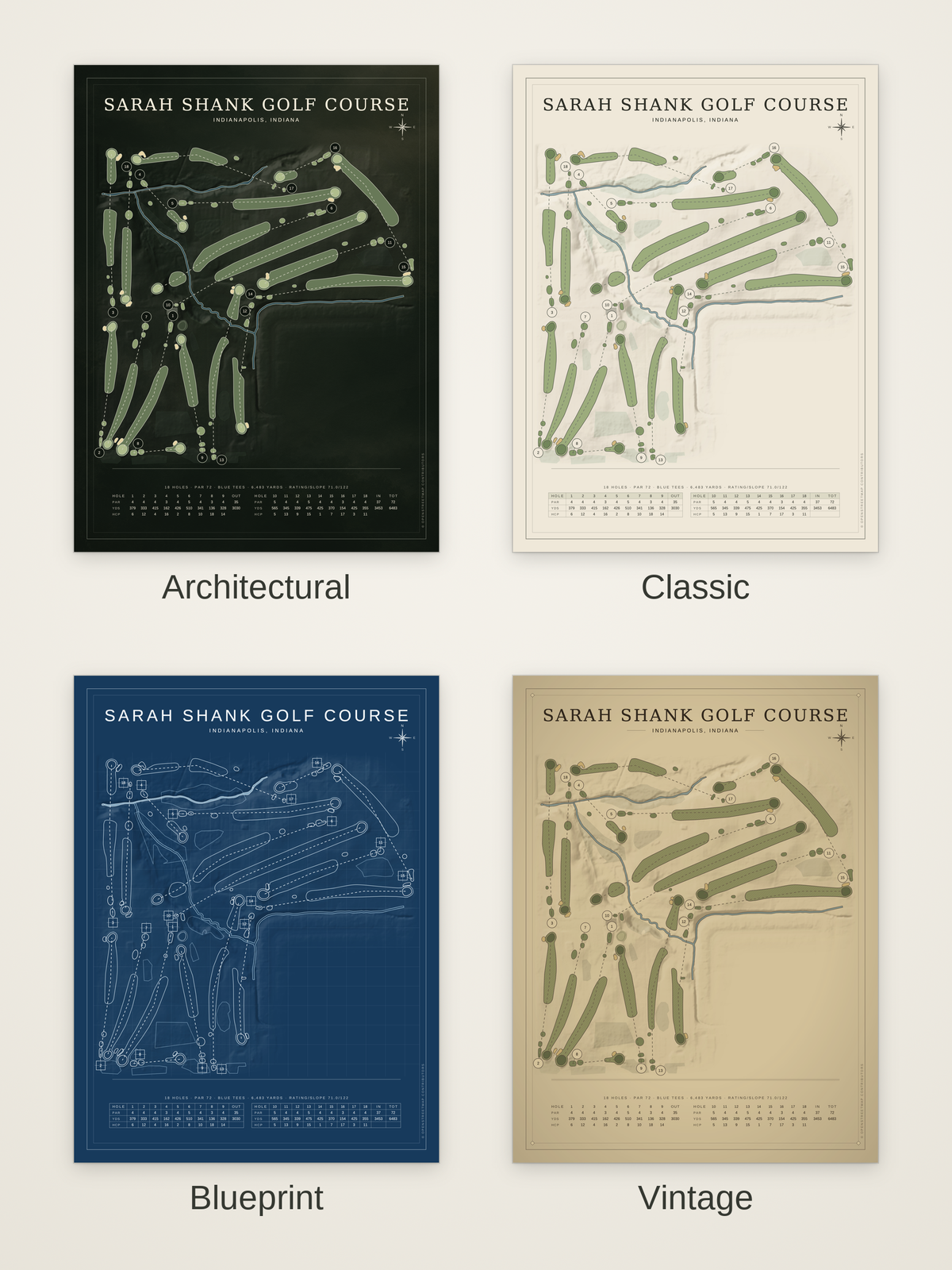 Sarah Shank Golf Course map poster in four styles: Architectural, Classic, Blueprint and Vintage