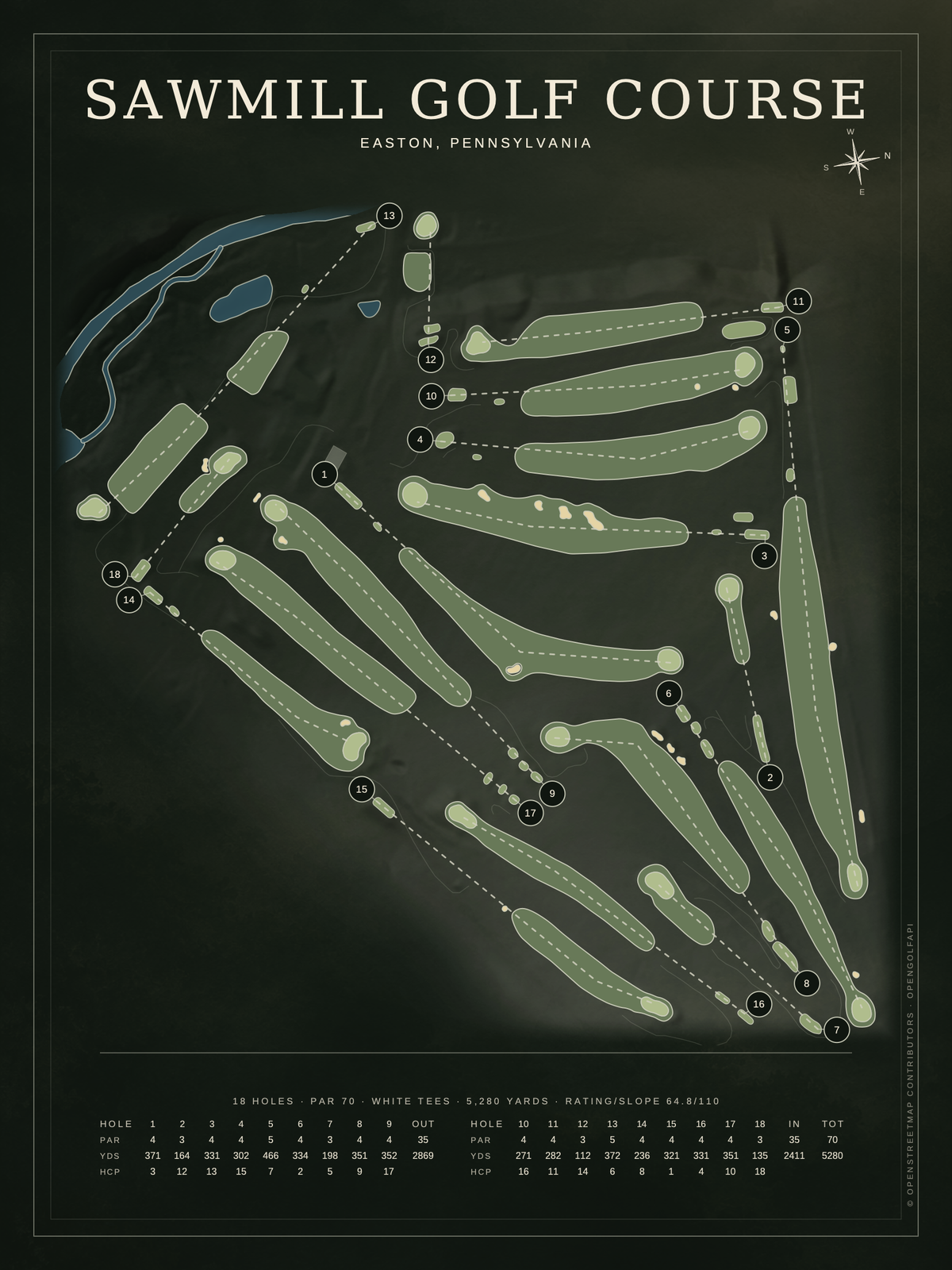 Sawmill Golf Course map poster, Architectural style, 12×16 / 18×24