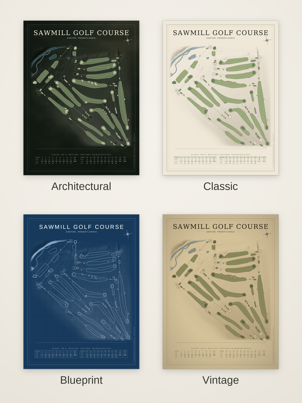Sawmill Golf Course map poster in four styles: Architectural, Classic, Blueprint and Vintage