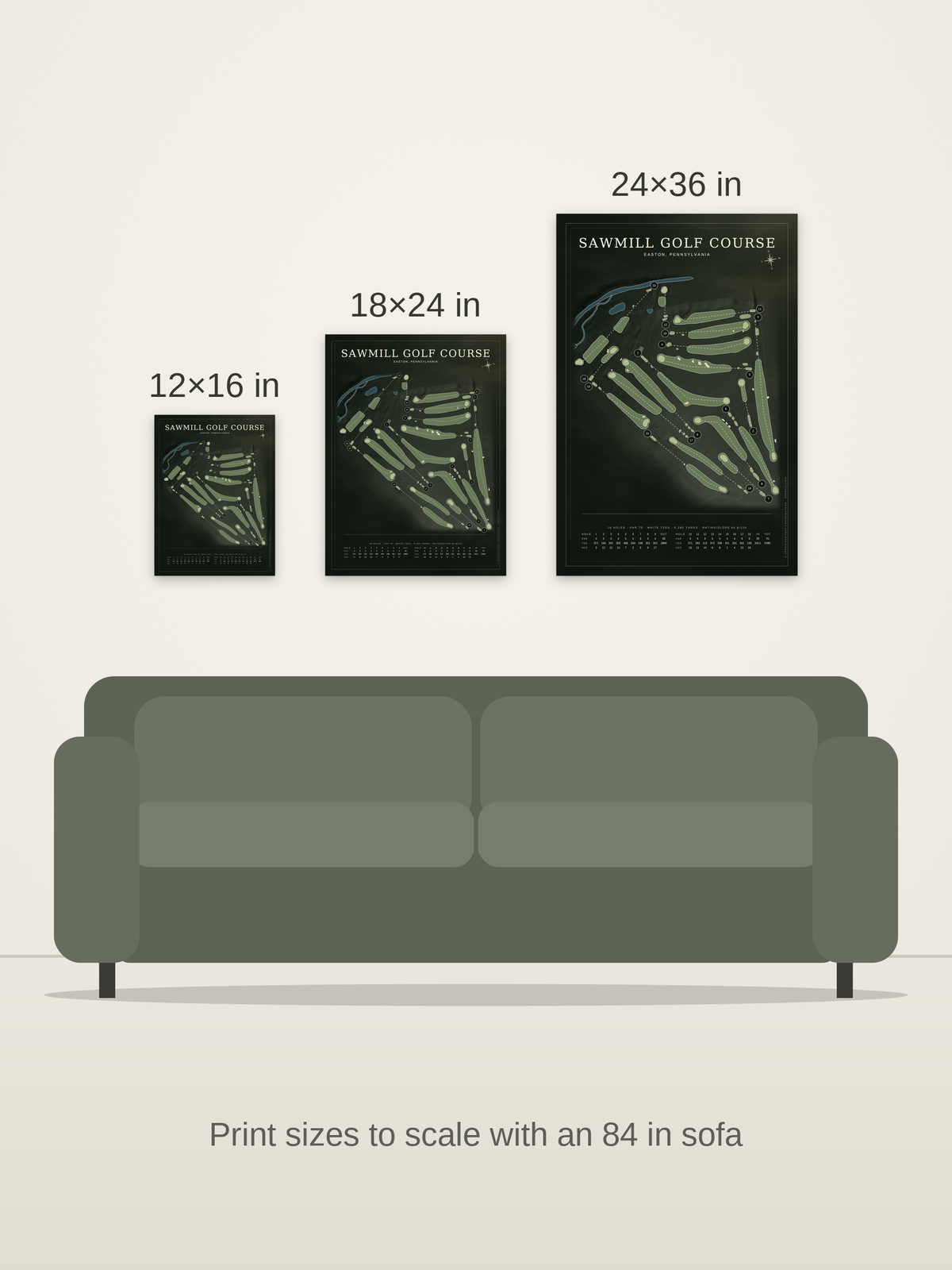 Sawmill Golf Course map poster in the Architectural style at 12×16, 18×24 and 24×36 inches, shown to scale on a wall above an 84-inch sofa