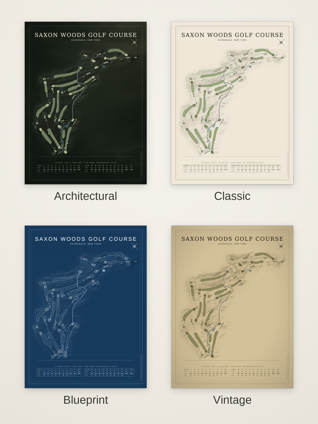 Saxon Woods Golf Course map poster in four styles: Architectural, Classic, Blueprint and Vintage