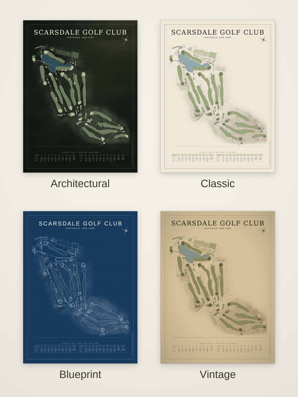 Scarsdale Golf Club course map poster in four styles: Architectural, Classic, Blueprint and Vintage