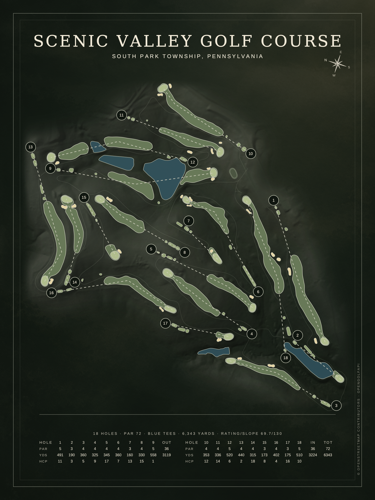 Scenic Valley Golf Course map poster, Architectural style, 12×16 / 18×24