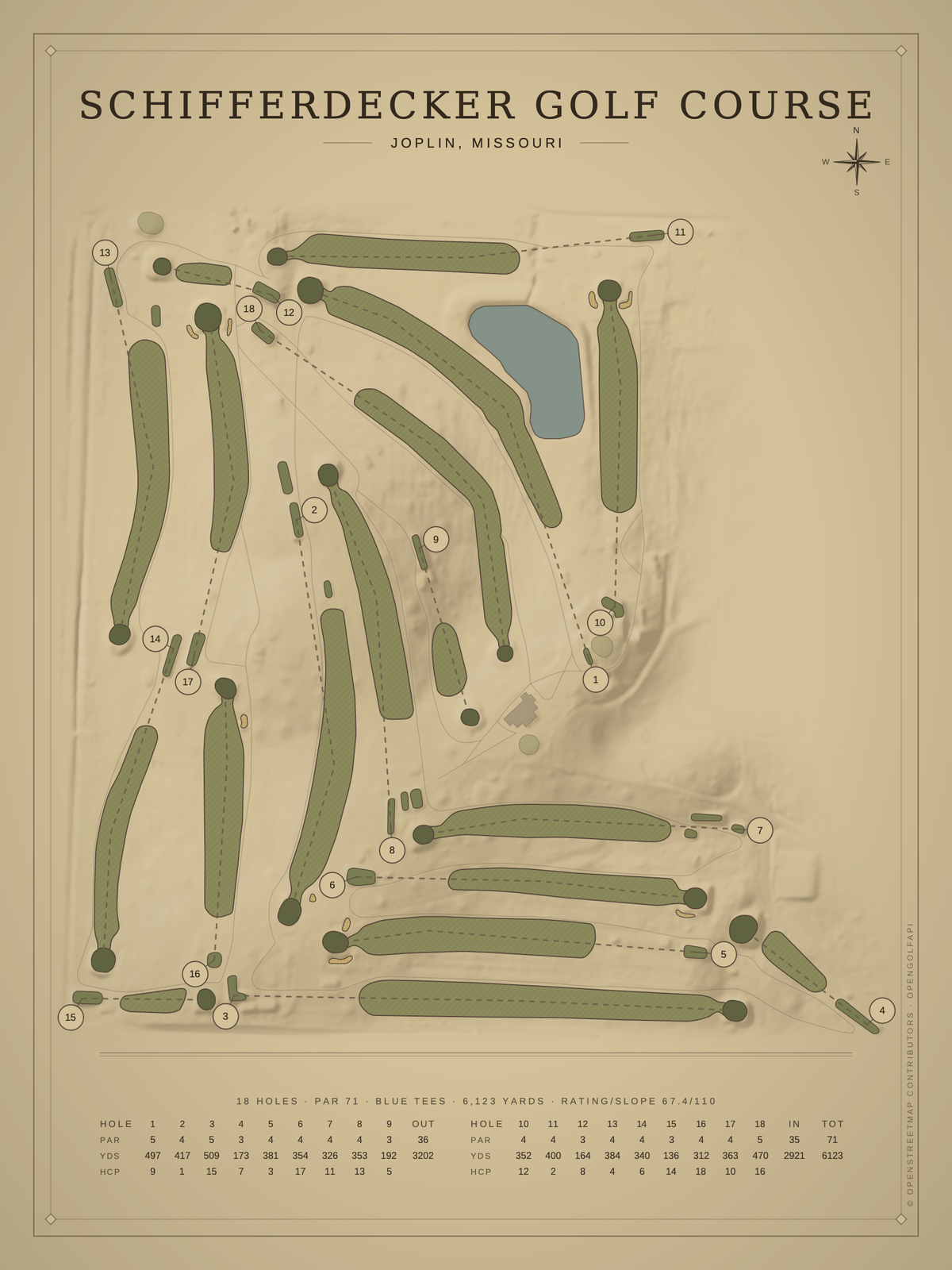 Schifferdecker Golf Course map poster, Vintage style, 12×16 / 18×24