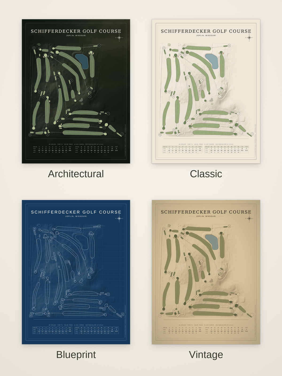 Schifferdecker Golf Course map poster in four styles: Architectural, Classic, Blueprint and Vintage