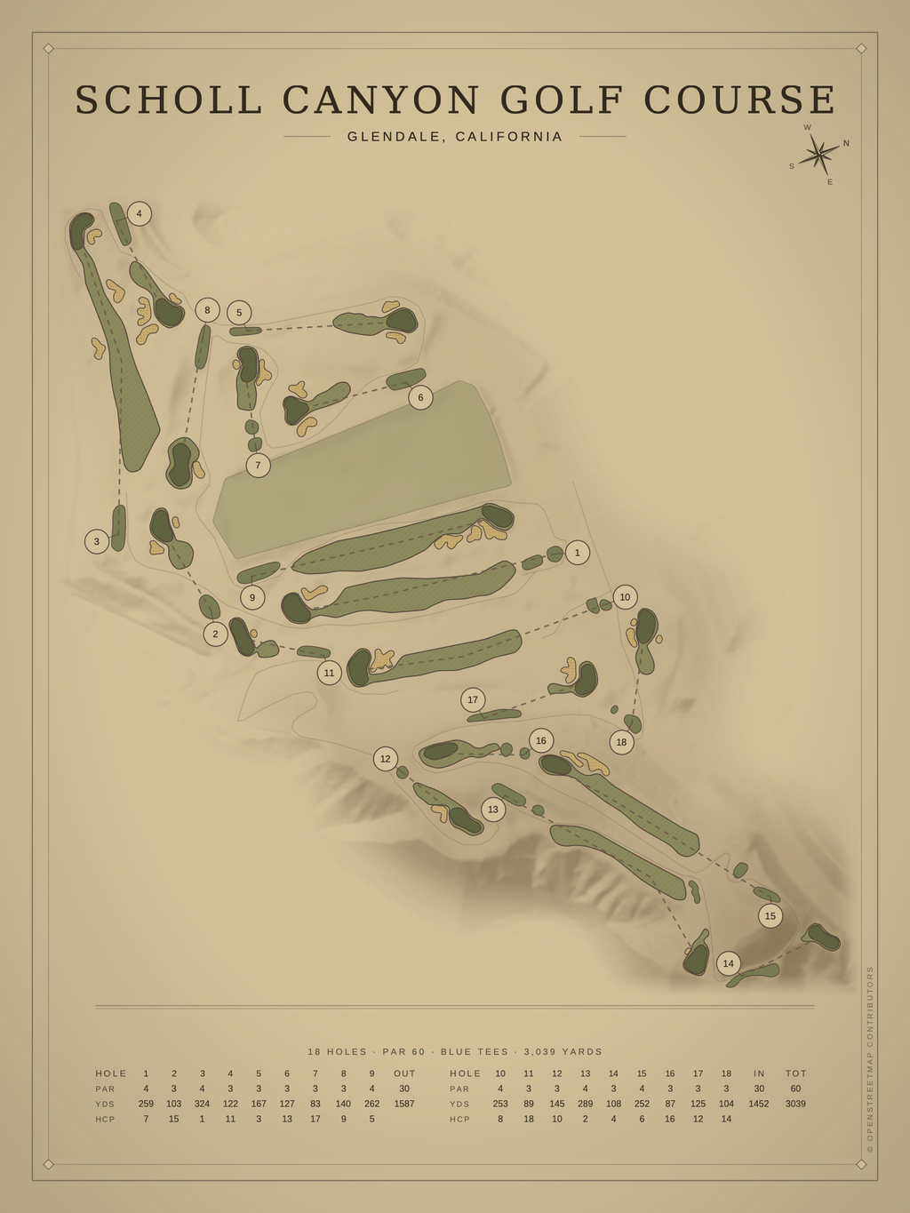 Scholl Canyon Golf Course map poster, Vintage style, 12×16 / 18×24