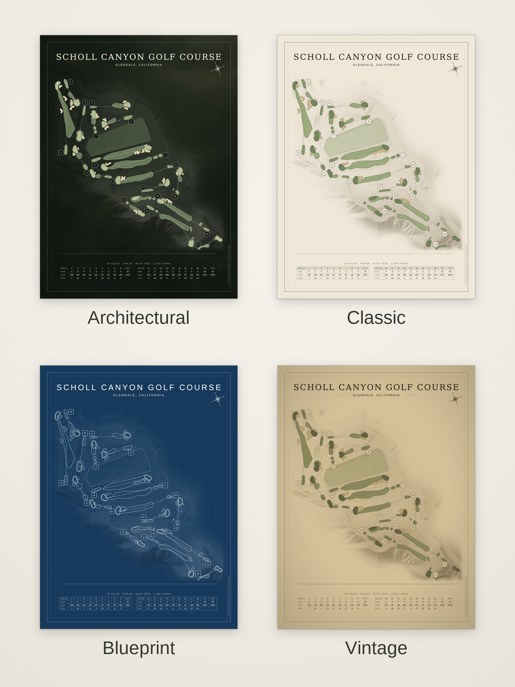 Scholl Canyon Golf Course map poster in four styles: Architectural, Classic, Blueprint and Vintage