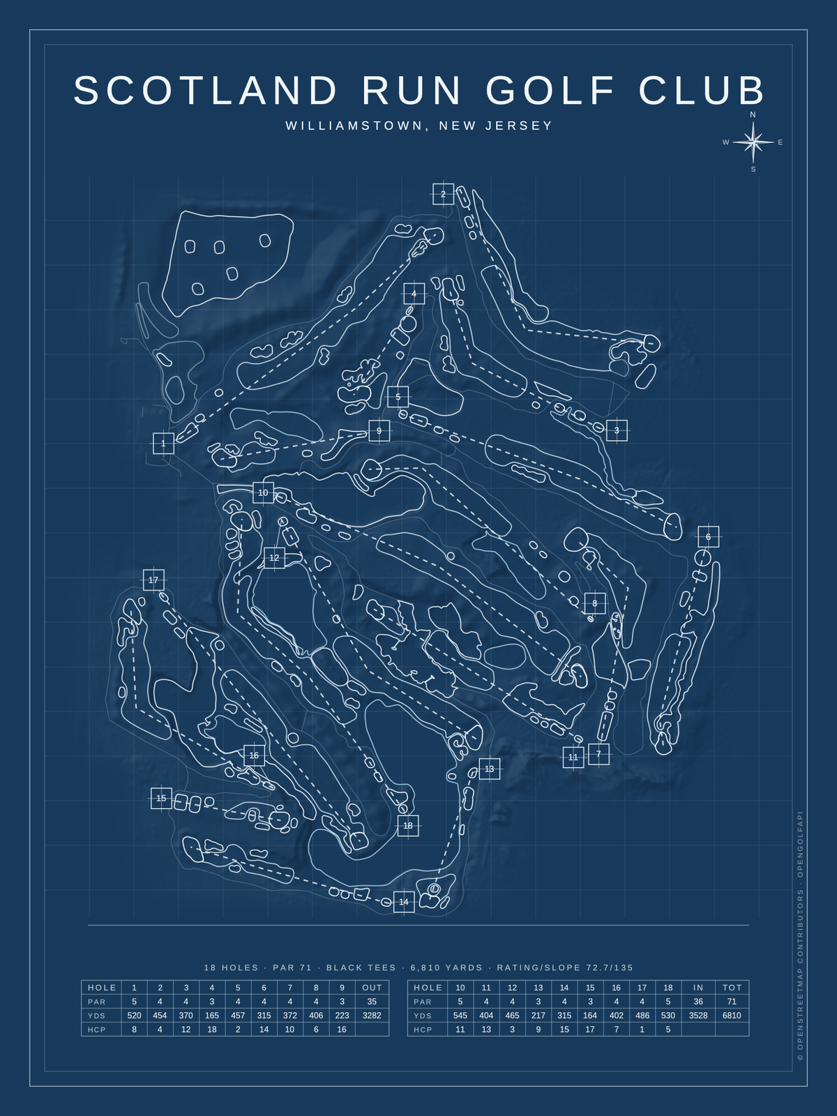 Scotland Run Golf Club course map poster, Blueprint style, 12×16 / 18×24