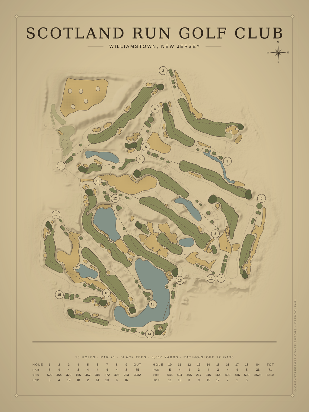 Scotland Run Golf Club course map poster, Vintage style, 12×16 / 18×24