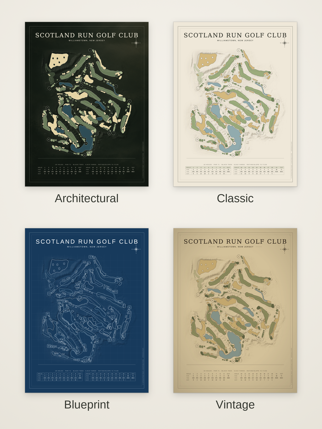 Scotland Run Golf Club course map poster in four styles: Architectural, Classic, Blueprint and Vintage