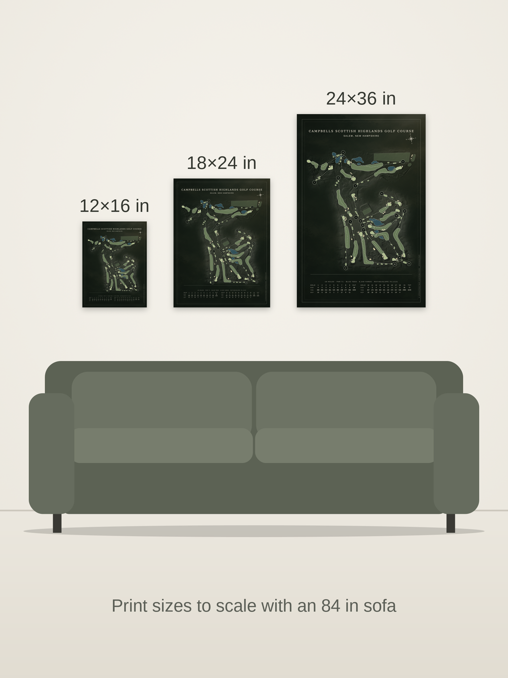 Campbells Scottish Highlands Golf Course map poster in the Architectural style at 12×16, 18×24 and 24×36 inches, shown to scale on a wall above an 84-inch sofa
