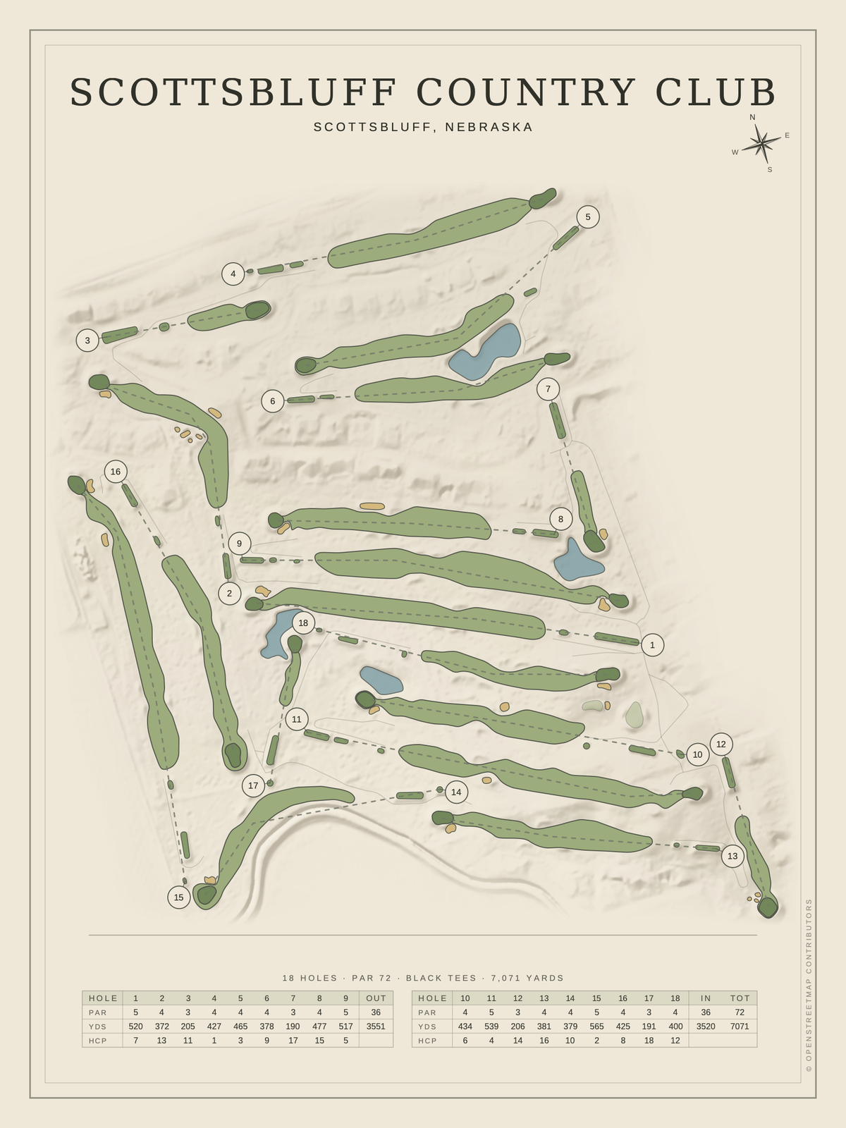 Scottsbluff Country Club course map poster, Classic style, 12×16 / 18×24