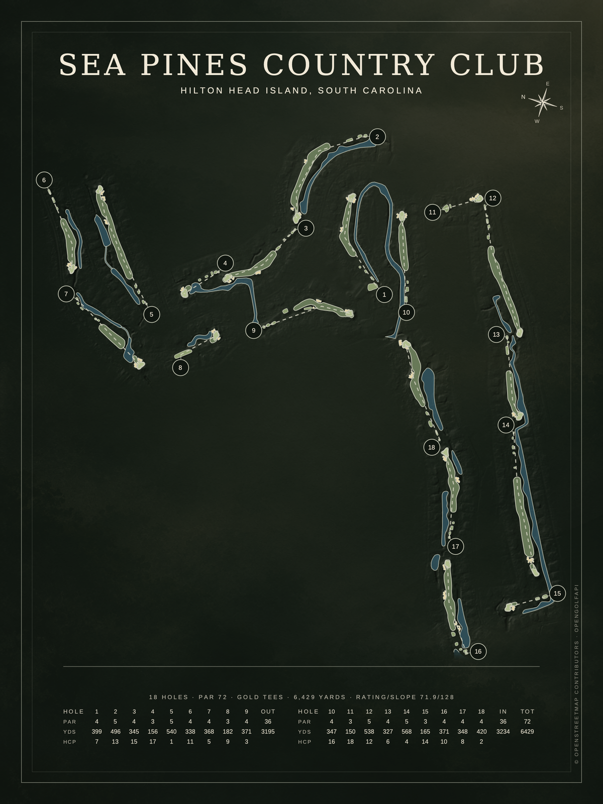 Sea Pines Country Club course map poster, Architectural style, 12×16 / 18×24