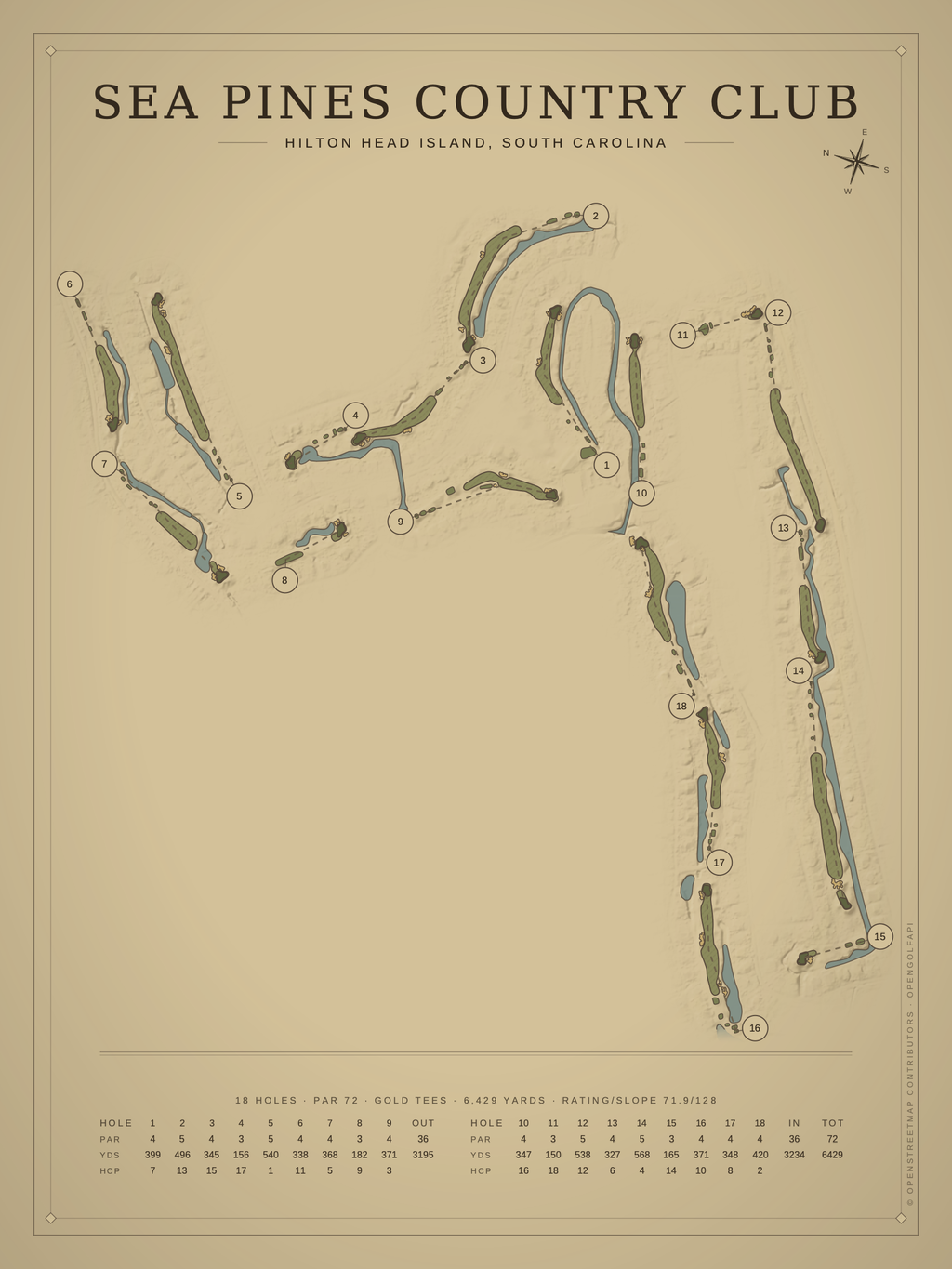 Sea Pines Country Club course map poster, Vintage style, 12×16 / 18×24