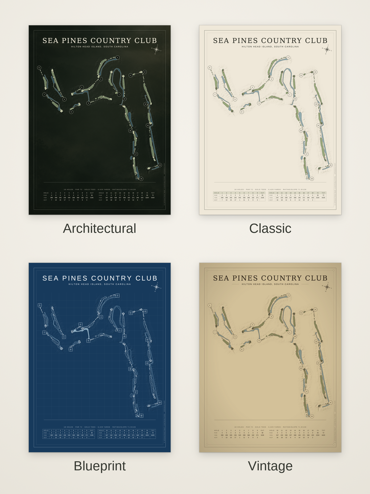 Sea Pines Country Club course map poster in four styles: Architectural, Classic, Blueprint and Vintage