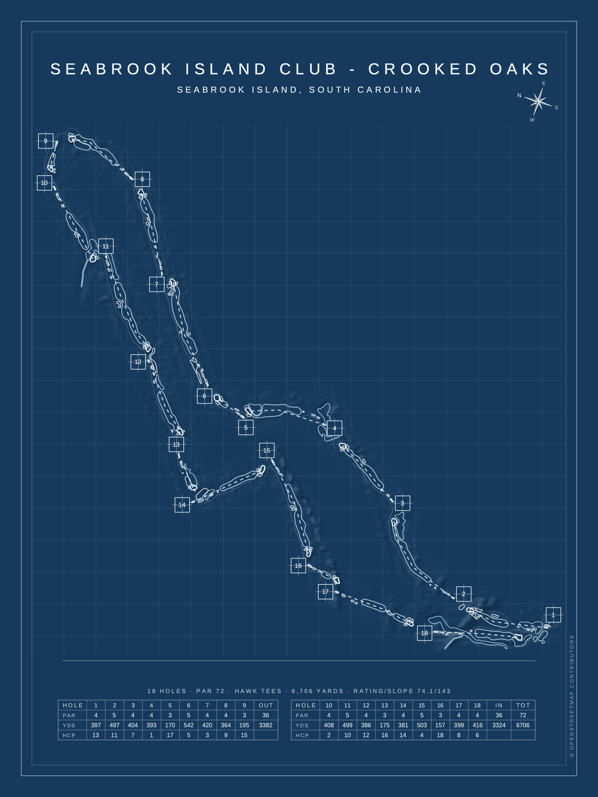 Seabrook Island Club - Crooked Oaks course map poster, Blueprint style, 12×16 / 18×24