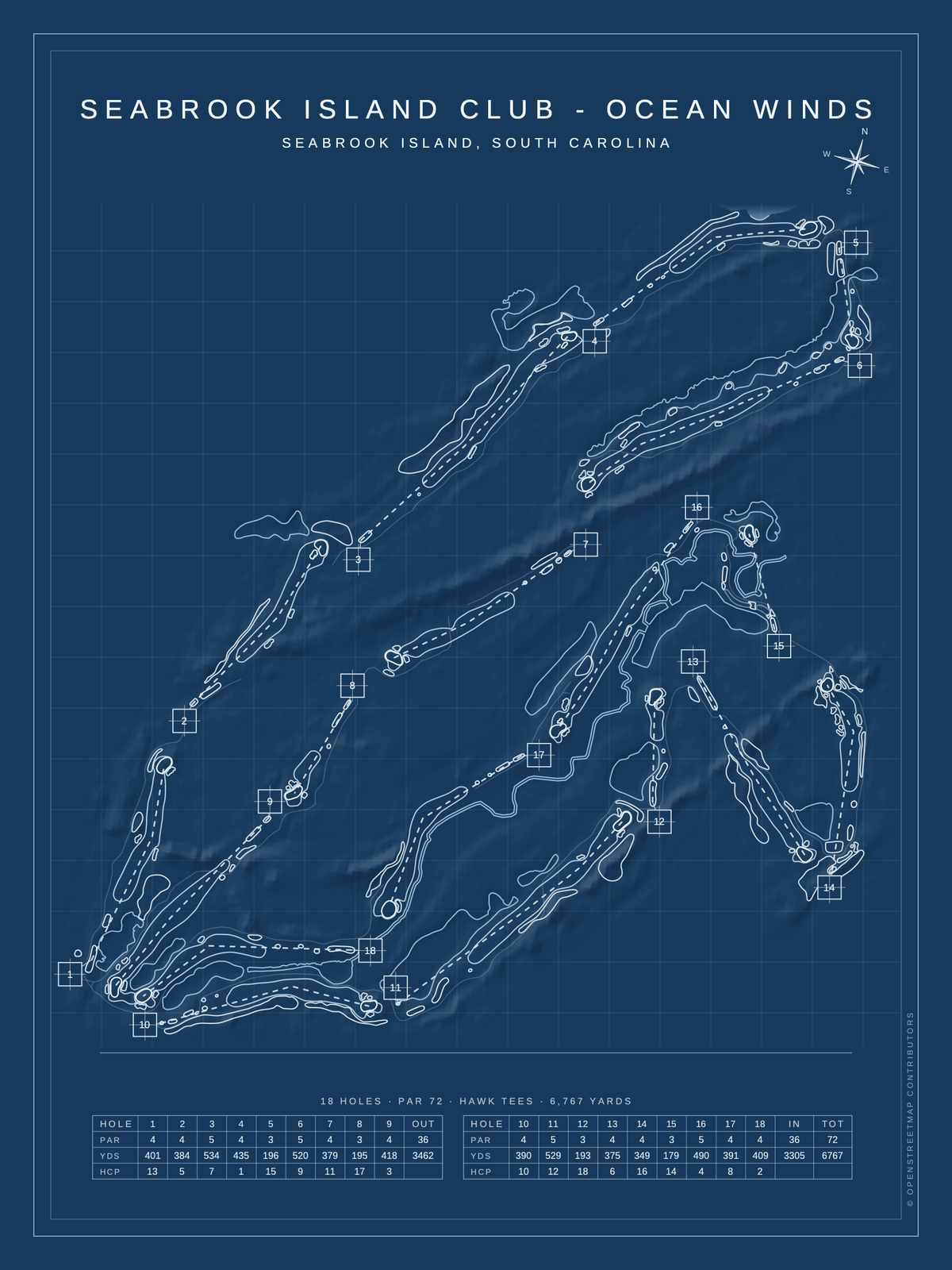 Seabrook Island Club - Ocean Winds course map poster, Blueprint style, 12×16 / 18×24