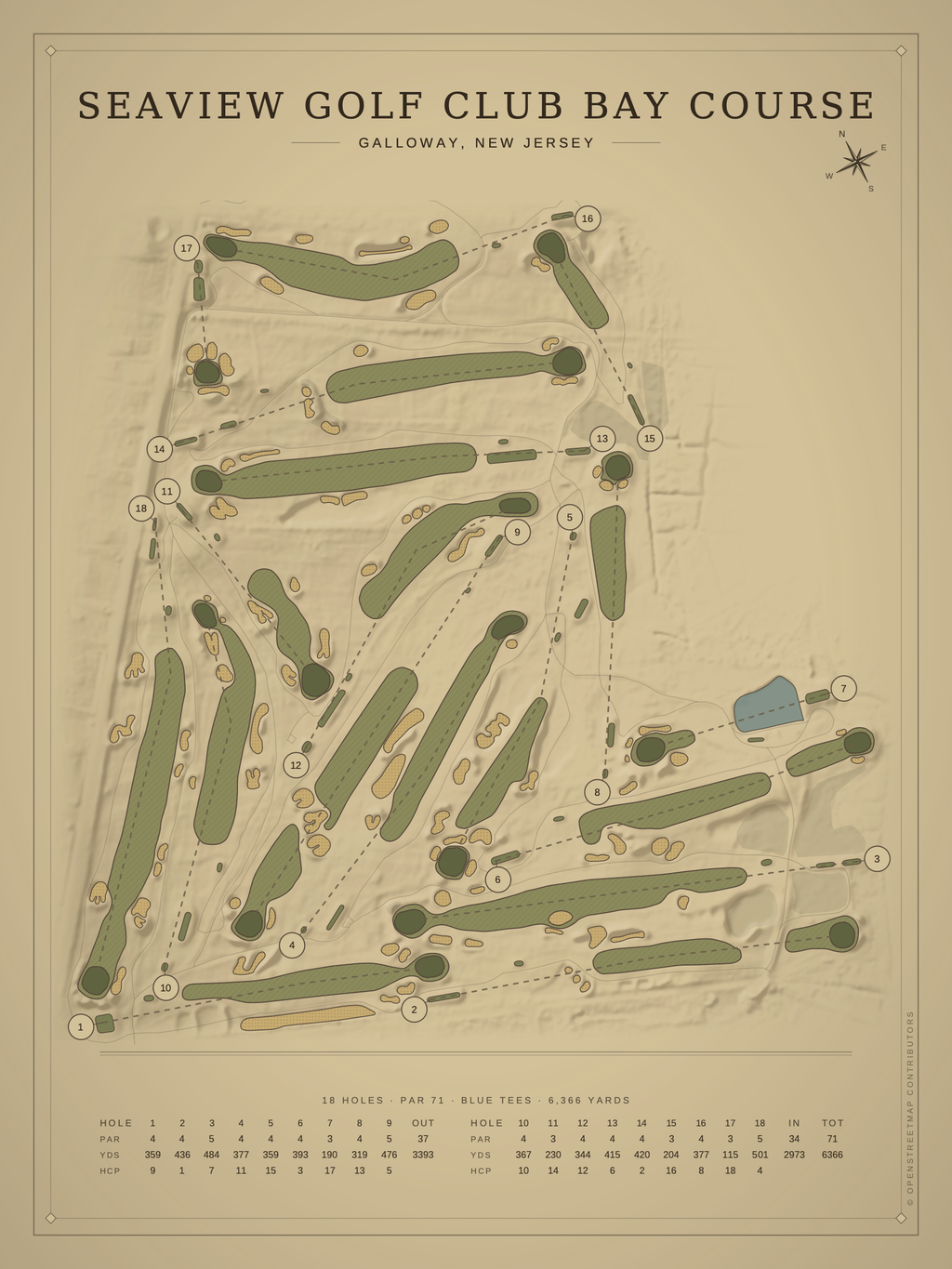 Seaview Golf Club Bay Course map poster, Vintage style, 12×16 / 18×24