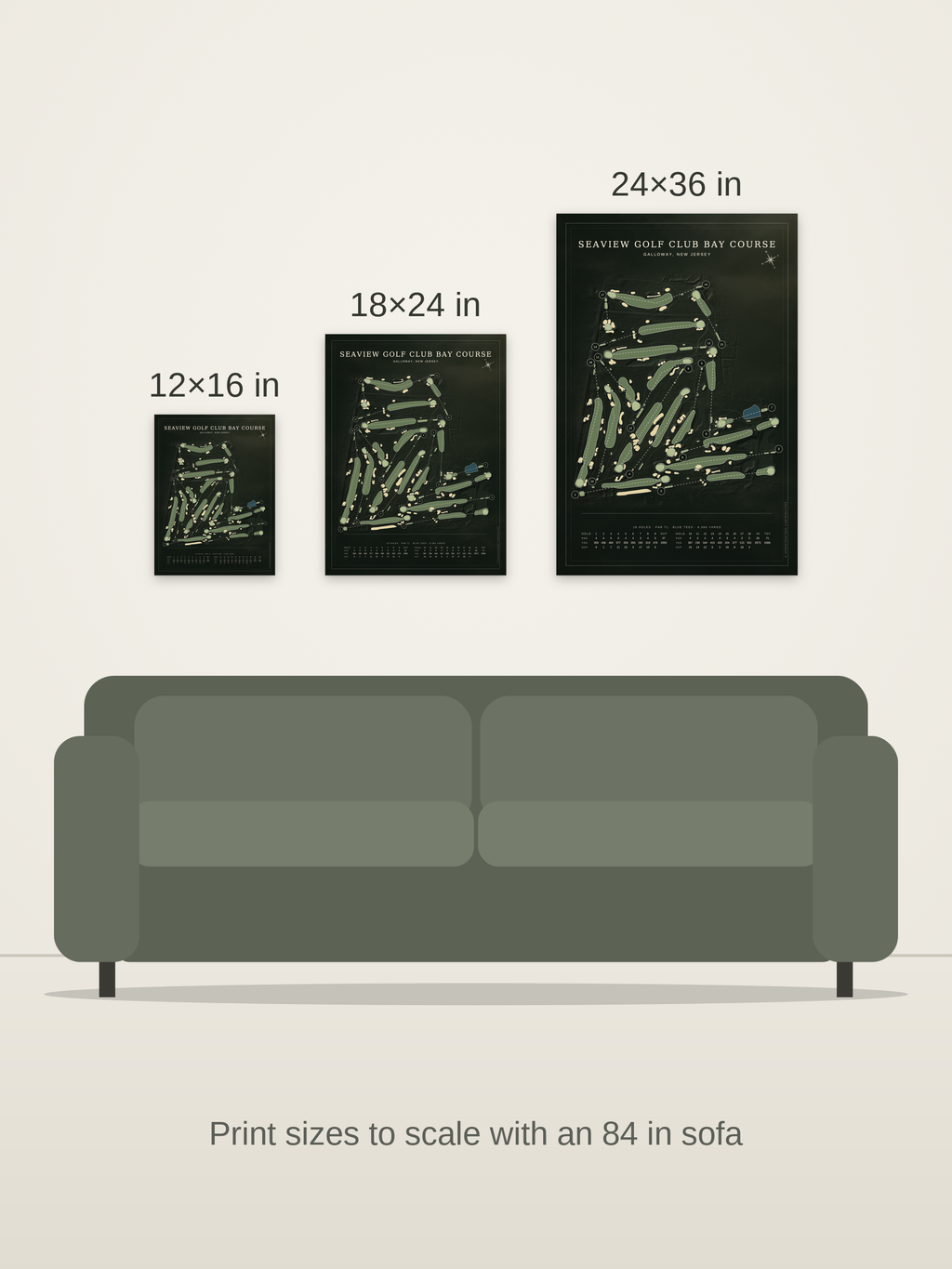 Seaview Golf Club Bay Course map poster in the Architectural style at 12×16, 18×24 and 24×36 inches, shown to scale on a wall above an 84-inch sofa