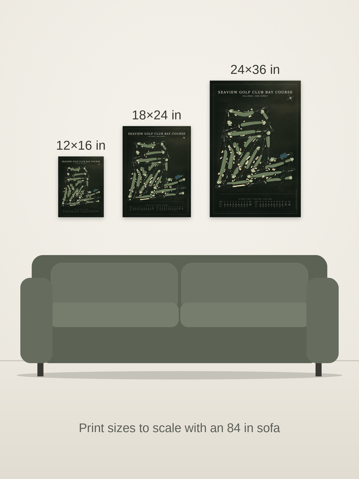 Seaview Golf Club Bay Course map poster in the Architectural style at 12×16, 18×24 and 24×36 inches, shown to scale on a wall above an 84-inch sofa