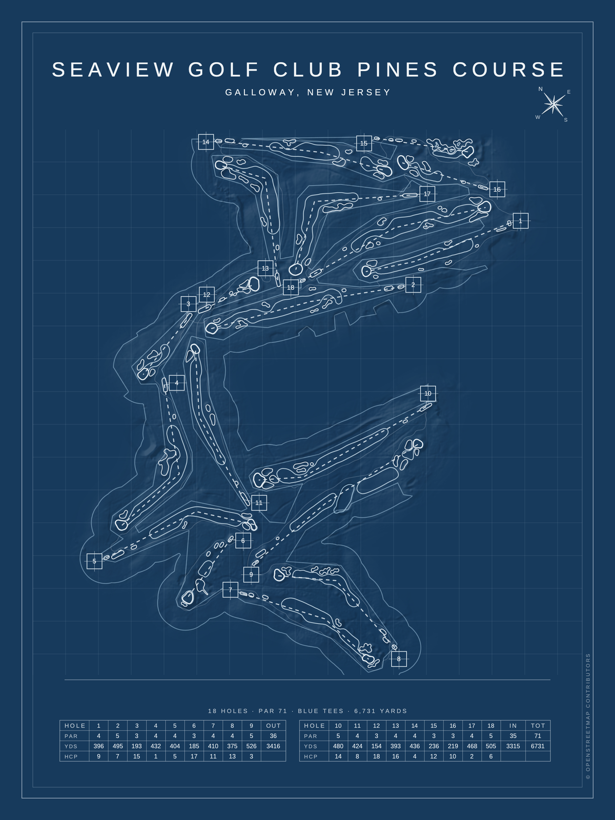 Seaview Golf Club Pines Course map poster, Blueprint style, 12×16 / 18×24