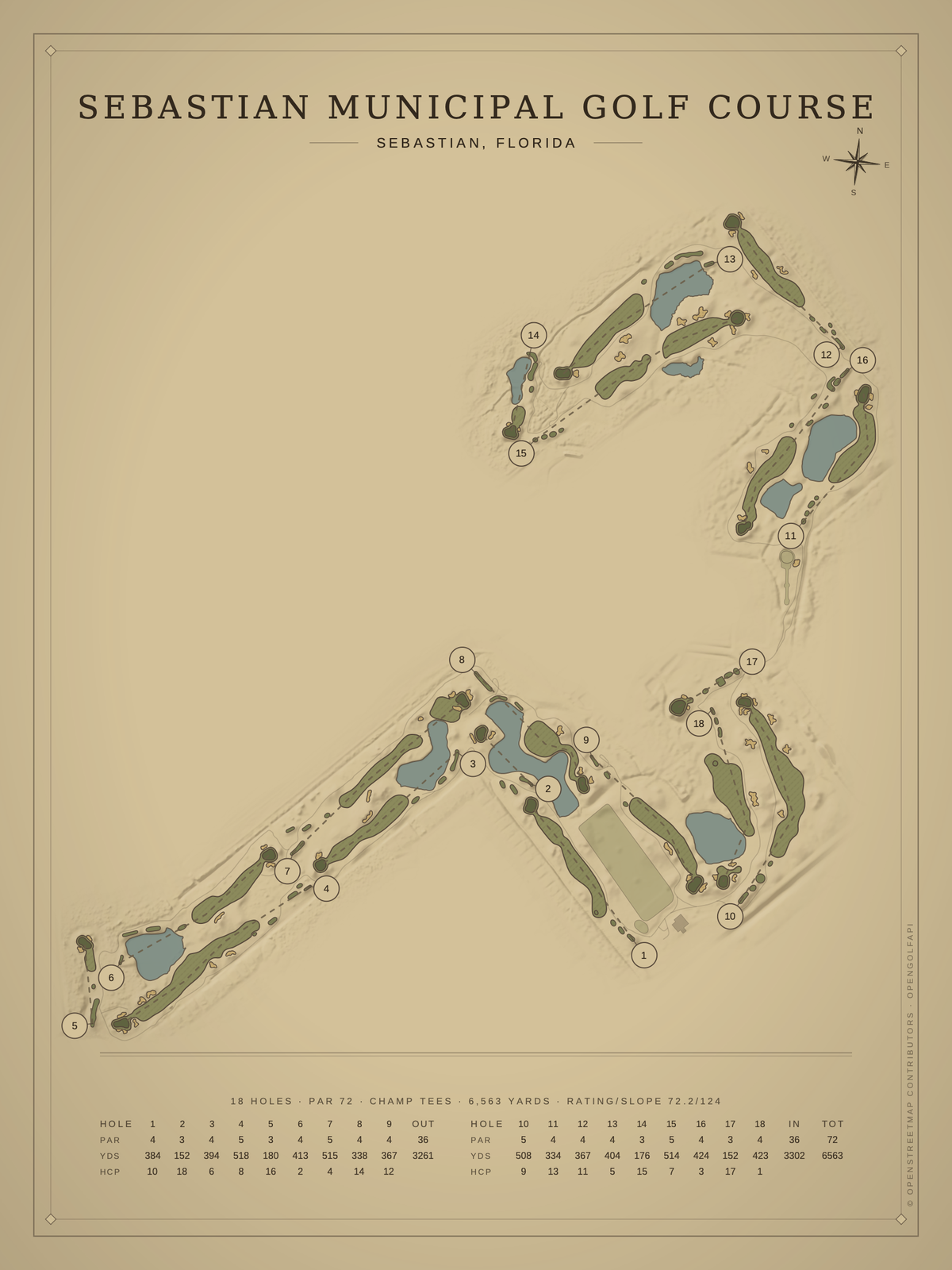 Sebastian Municipal Golf Course map poster, Vintage style, 12×16 / 18×24