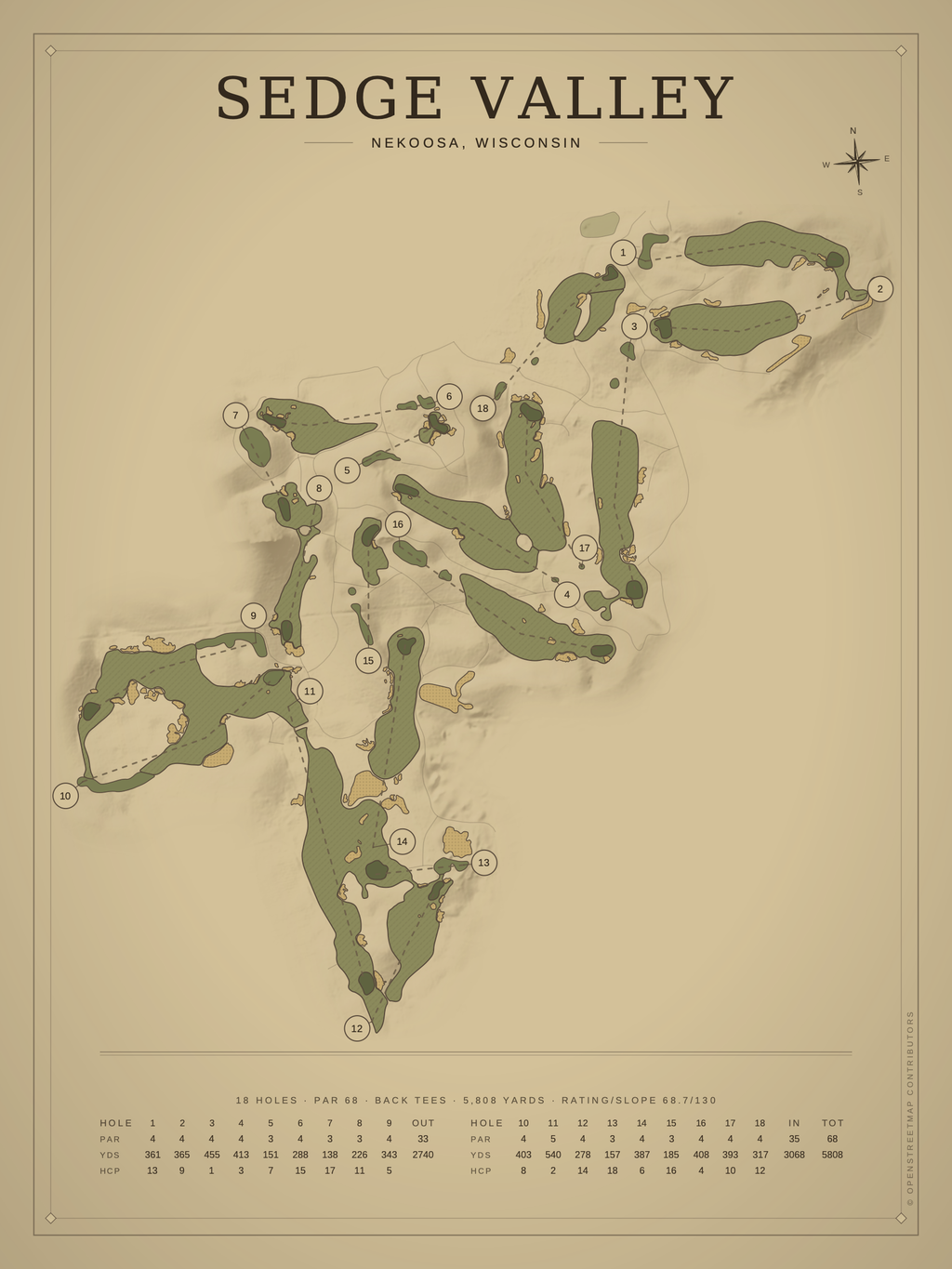 Sedge Valley course map poster, Vintage style, 12×16 / 18×24