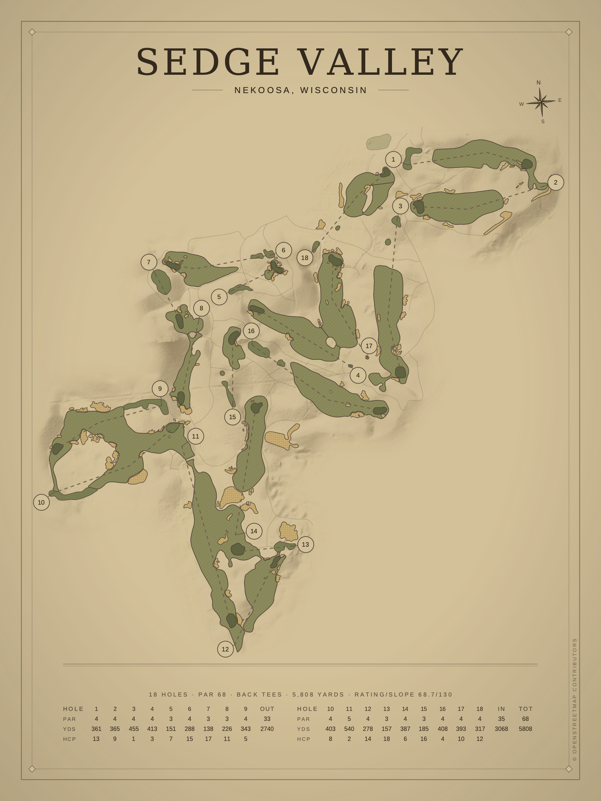 Sedge Valley course map poster, Vintage style, 12×16 / 18×24