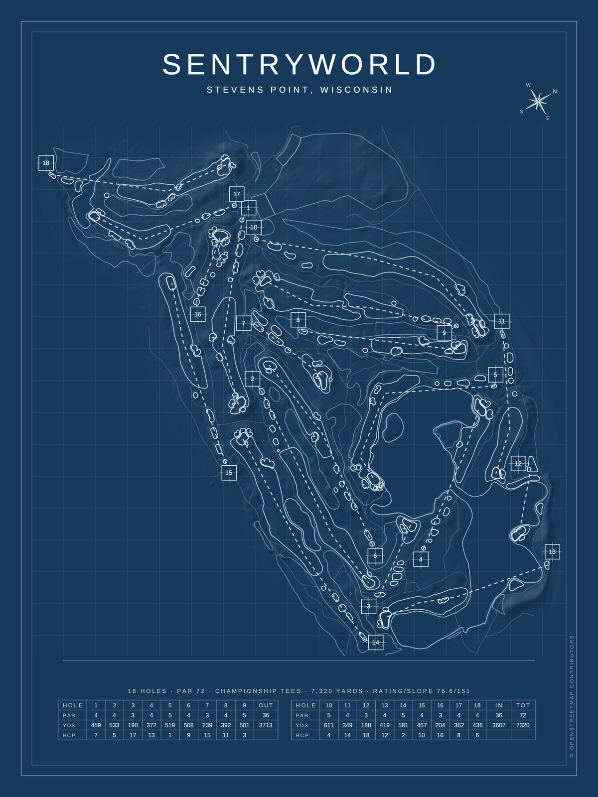 SentryWorld course map poster, Blueprint style, 12×16 / 18×24