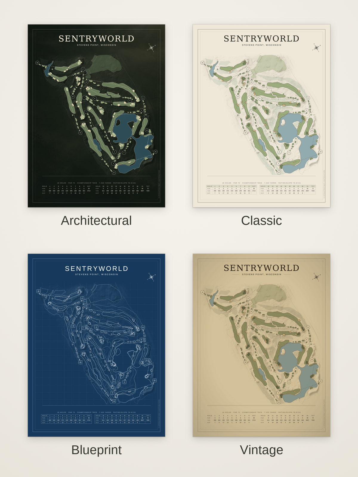 SentryWorld course map poster in four styles: Architectural, Classic, Blueprint and Vintage