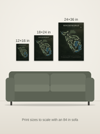 SentryWorld course map poster in the Architectural style at 12×16, 18×24 and 24×36 inches, shown to scale on a wall above an 84-inch sofa