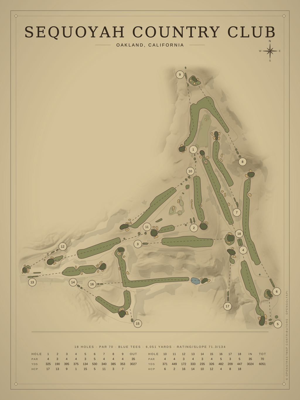 Sequoyah Country Club course map poster, Vintage style, 12×16 / 18×24