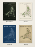 Sequoyah Country Club course map poster in four styles: Architectural, Classic, Blueprint and Vintage